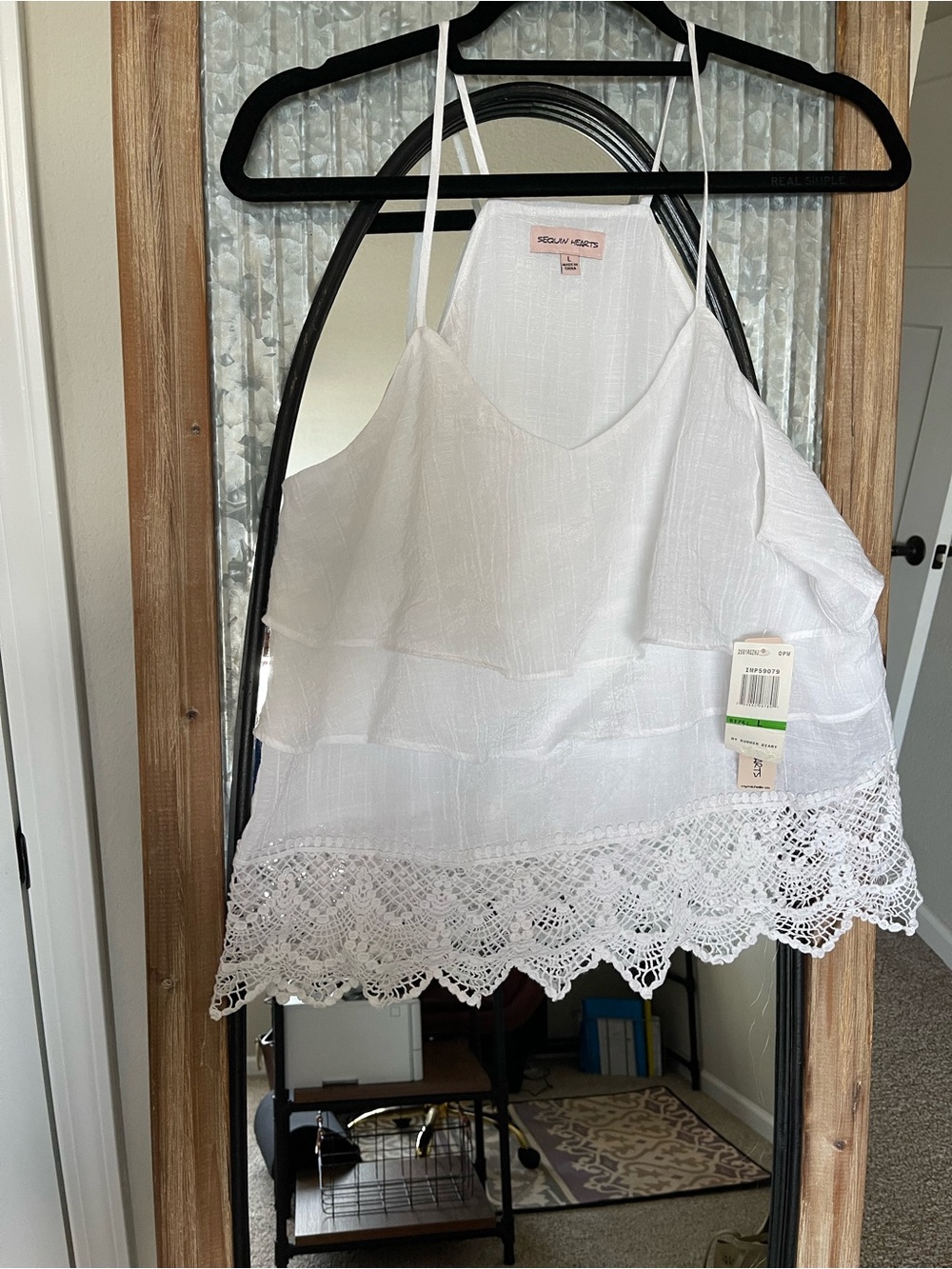 Sequin Hearts White Crochet Tiered Camisole with Adjustable Straps